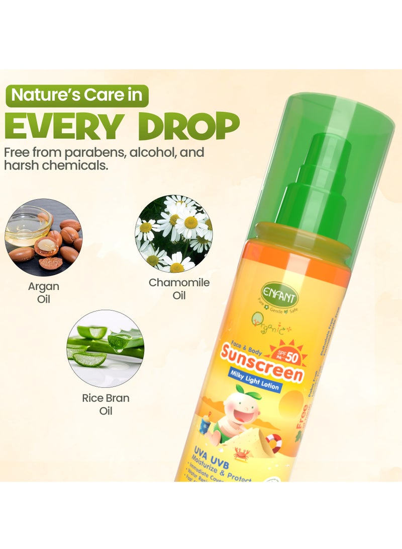 Enfant لوسيون واقي شمس للأطفال عضوي SPF 50 بحجم 70 مل لحماية الوجه والجسم من أشعة UVA و UVAI و UVB SPF 50 PA++++ للبشرة الحساسة بحجم السفر لوسيون خفيف كالحليب مختبر جلدياً - Image 3